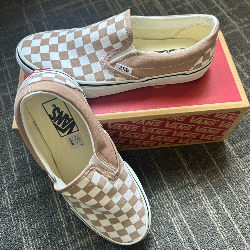Vans Brown and White Checkered Slip-On Sneakers Color Theory Tan Classic W 8